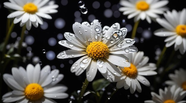 Hermosas margaritas de flores y gotas de agua en fondo negro creadas