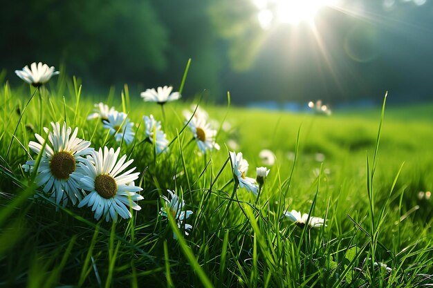 Hermosas margaritas en un prado verde con rayos de sol