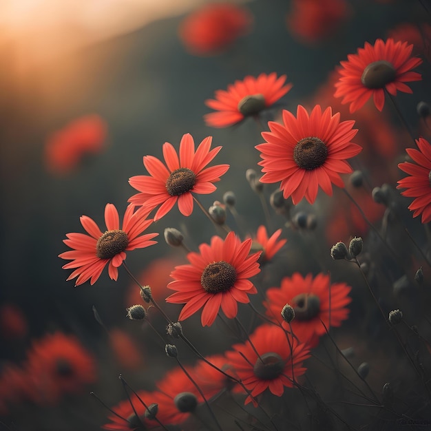 hermosas margaritas rojas en el campo al atardecer retro tonificado generativo ai