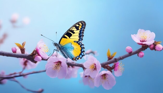 Hermosas mariposas amarillas azules en vuelo y ramas de albaricoques en flor en primavera al amanecer