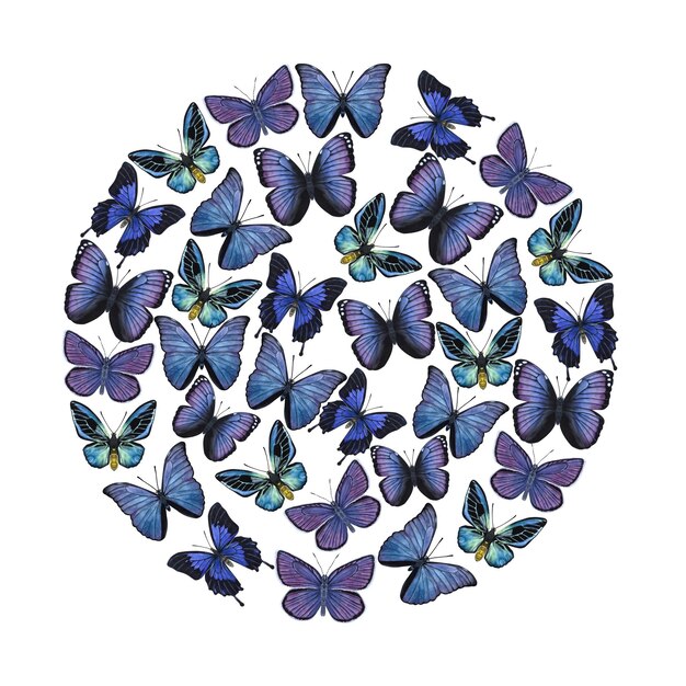 Hermosas mariposas azul violeta en un círculo Ilustración acuarela dibujada a mano aislada