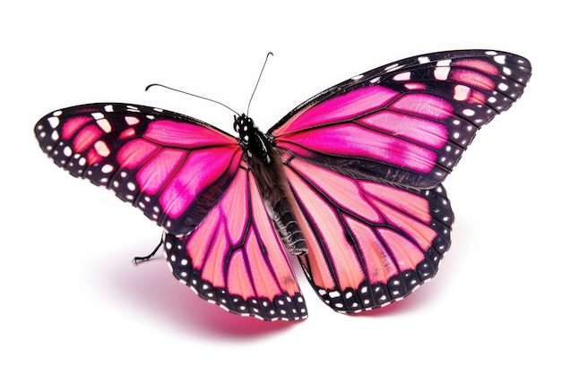 Foto hermosas mariposas monarca rosadas aisladas sobre un fondo blanco