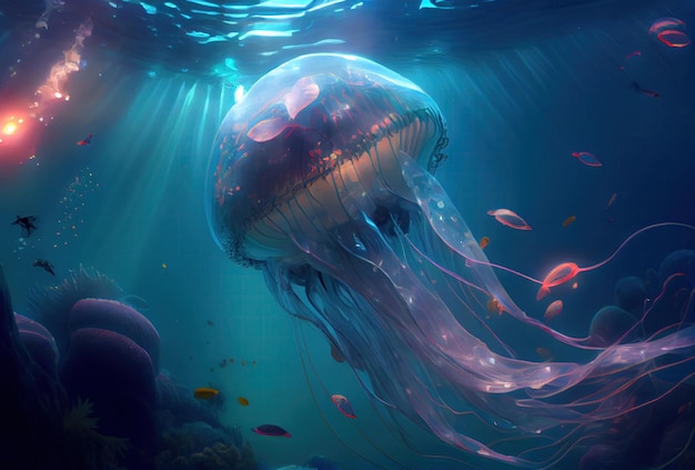 Hermosas medusas en el mundo submarino con brillo interior