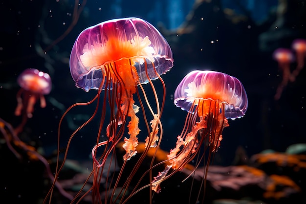 Hermosas medusas nadando en el acuario Mundo submarino generativo ai