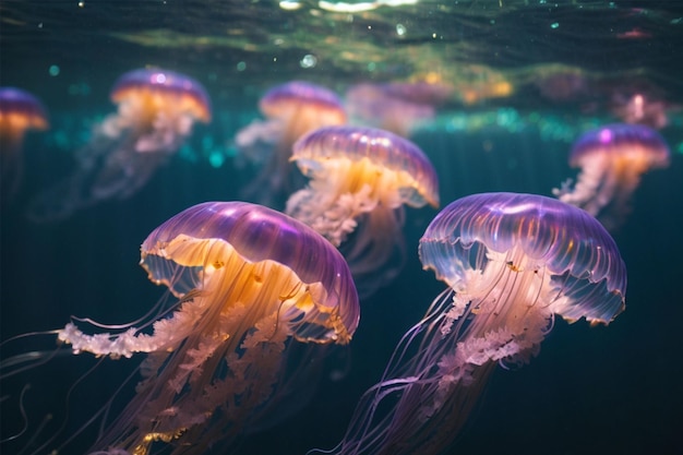 Hermosas medusas nadando en el agua.