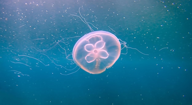 hermosas medusas transparentes en medio del mar azul nadando con buena iluminación en alta resolución y nitidez