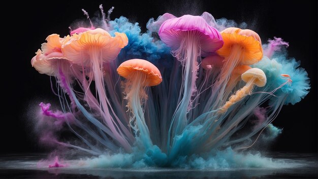 Foto hermosas medusas de vidrio de colores una medusa de colores está flotando en un fondo negro