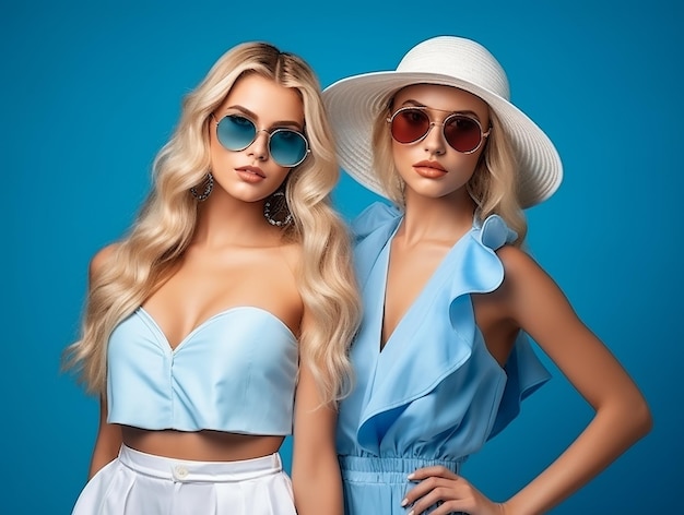 Foto hermosas y modernas modelos están vestidas con modernos conjuntos de verano sobre un fondo azul