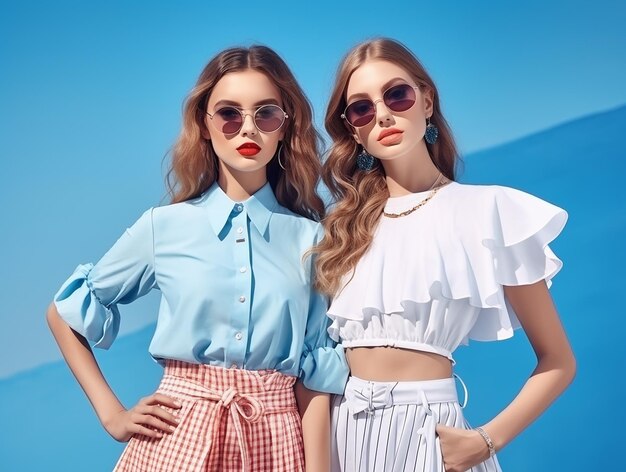 Foto hermosas y modernas modelos están vestidas con modernos conjuntos de verano sobre un fondo azul