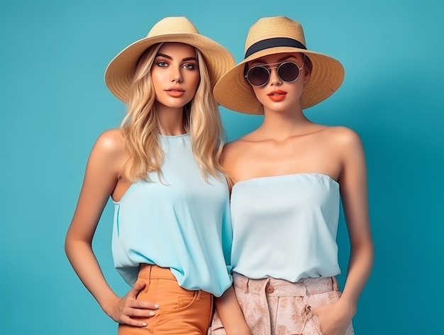 Foto hermosas y modernas modelos están vestidas con modernos conjuntos de verano sobre un fondo azul