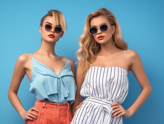 Foto hermosas y modernas modelos están vestidas con modernos conjuntos de verano sobre un fondo azul