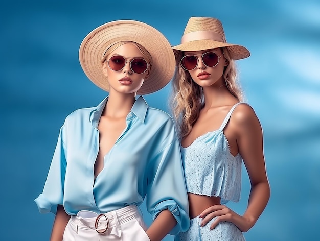 hermosas y modernas modelos están vestidas con modernos conjuntos de verano sobre un fondo azul