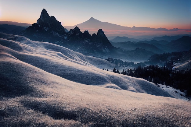 Hermosas montañas antiguas al amanecer en la luz del sol de la mañana y en la niebla