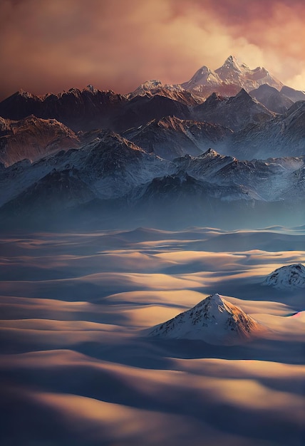 Hermosas montañas antiguas al atardecer en la luz del sol de la tarde y en la niebla