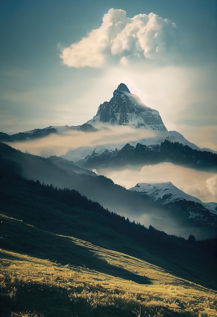 Hermosas montañas antiguas al atardecer en la luz del sol de la tarde y en la niebla