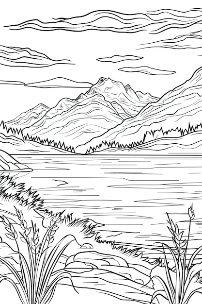 Hermosas montañas de árboles y lagos al atardecer digital