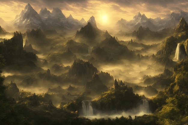 Hermosas montañas brumosas iluminación suave 3d render ilustración 3d