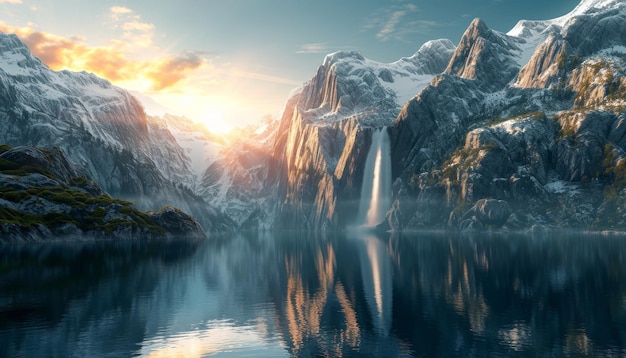 Hermosas montañas nevadas, lago y cascada, naturaleza minimalista, reflejo de luz dorada