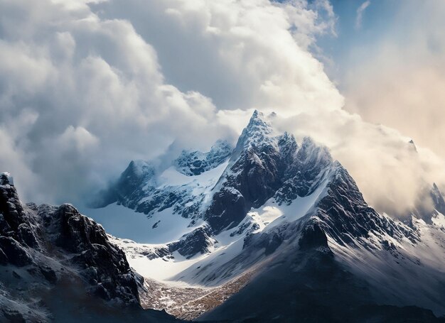 Hermosas montañas rocosas y nevadas cubiertas de nubes.