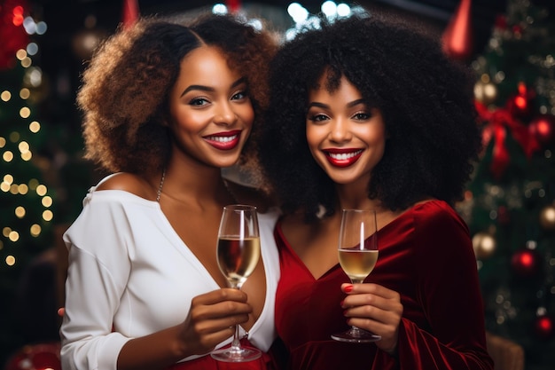 Hermosas mujeres afroamericanas con copas de champán celebrando la Navidad Generative AI