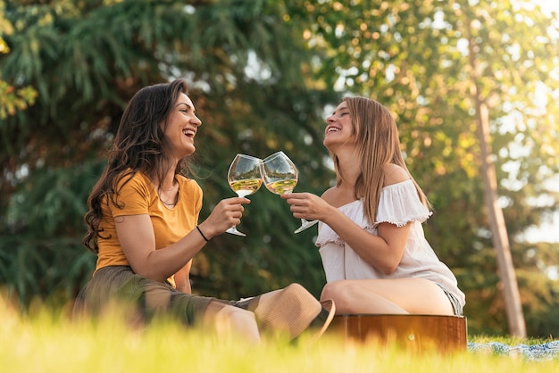 Hermosas mujeres bebiendo vino en el parque. Amigos y concepto de verano.