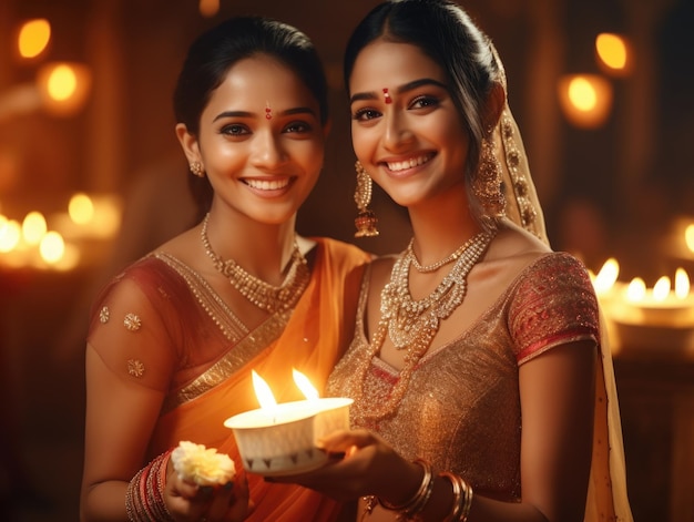 hermosas mujeres indias con vestimenta tradicional sosteniendo una lámpara de diwali