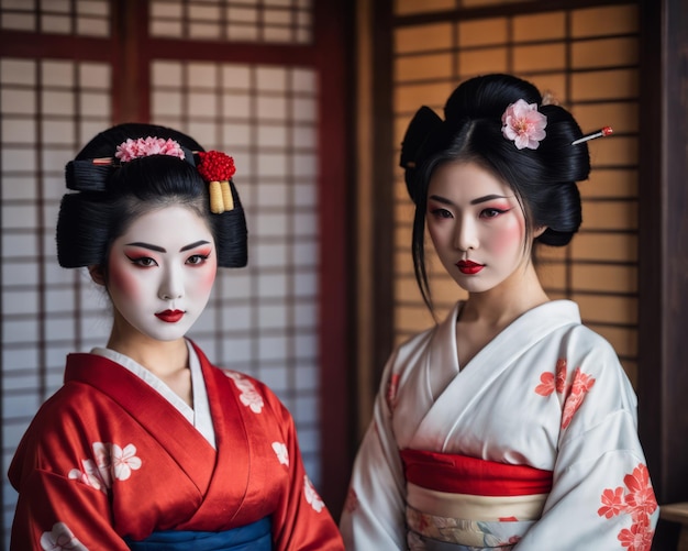 Foto hermosas mujeres japonesas en kimono tradicional