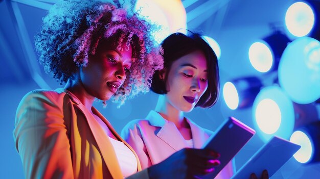 Hermosas mujeres de negocios de diferentes culturas con una tableta para el concepto de marketing digital