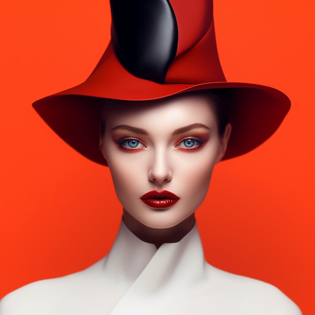 Hermosas mujeres turcas modelo en vestidos rojos, negros y naranjas con sombrero Fedora rojo, negro y naranja