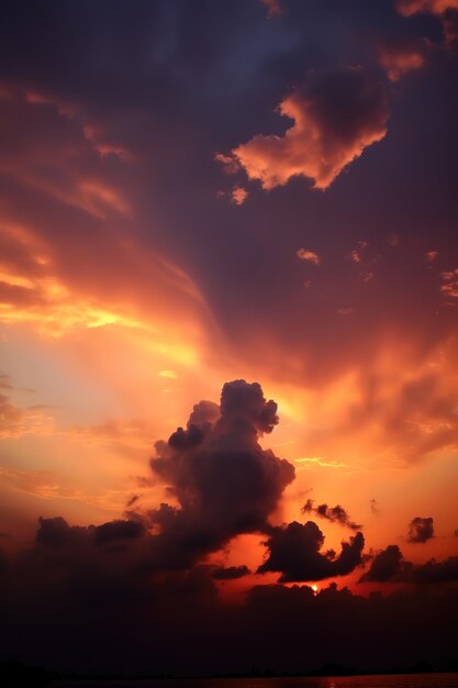 Hermosas nubes al atardecer en rascacielos puesta de sol púrpura y nubes siluetas