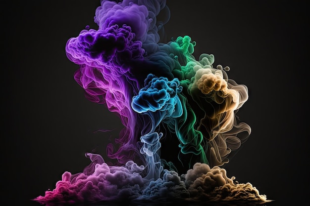 Hermosas nubes de humo abstractas y multicolores sobre fondo negro ilustración digital