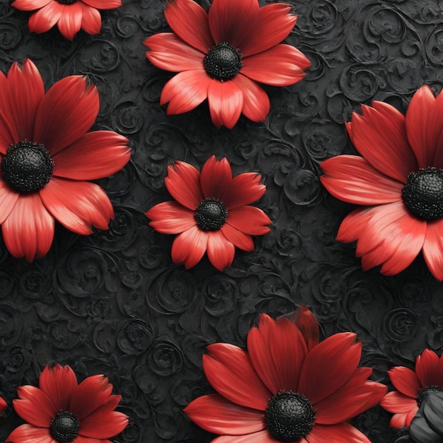 Hermosas obras de arte 3D llamativas de flores rojas en la pared negra