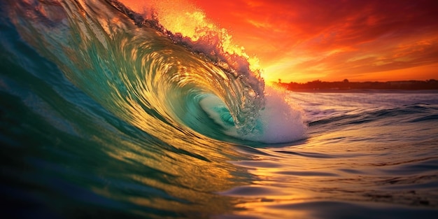 Hermosas olas en el océano y un cielo colorido con el sol reflejado en la ola Generativa AI AIG27