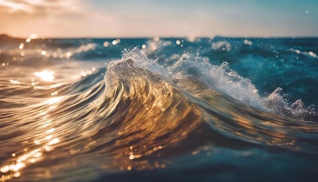 Hermosas olas con salpicaduras de agua en el océano al atardecer