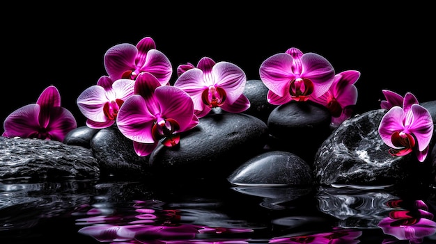 Hermosas orquídeas rosadas en piedras con reflejo en el agua concepto de spa IA generativa