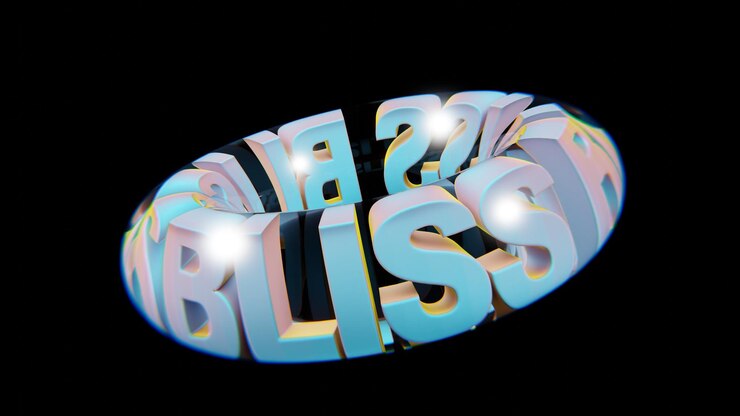 Foto hermosas palabras de fondo abstractas y coloridas bliss en un vaso sobre un fondo negro renderización 3d