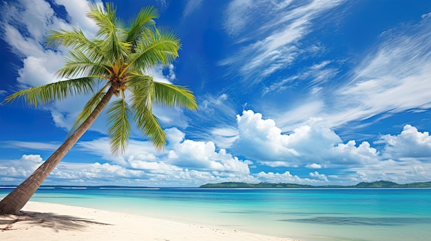 Hermosas palmeras en una playa de una isla tropical con un cielo azul y nubes blancas generadas por IA