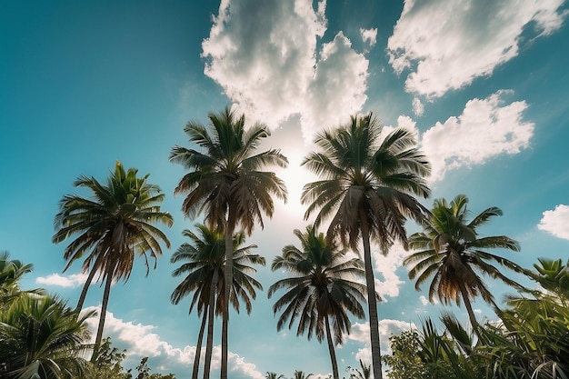 Hermosas palmeras verdes contra el cielo azul soleado con nubes ligeras de fondo arco c v