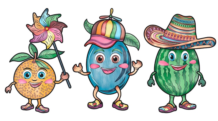 Foto hermosas pegatinas de frutas de dibujos animados para niños sandía naranja ciruela