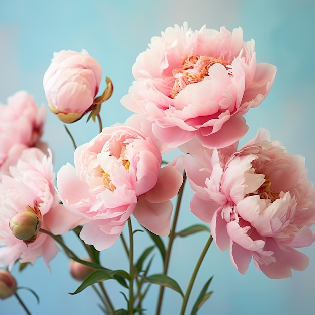 Hermosas peonías de flores grandes de color rosa sobre un fondo azul turquesa claro con filtro suave borroso