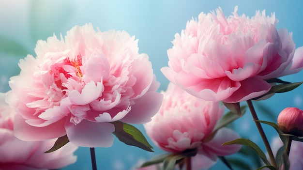 Hermosas peonías de flores rosadas grandes en un fondo azul turquesa claro con un filtro suave borroso