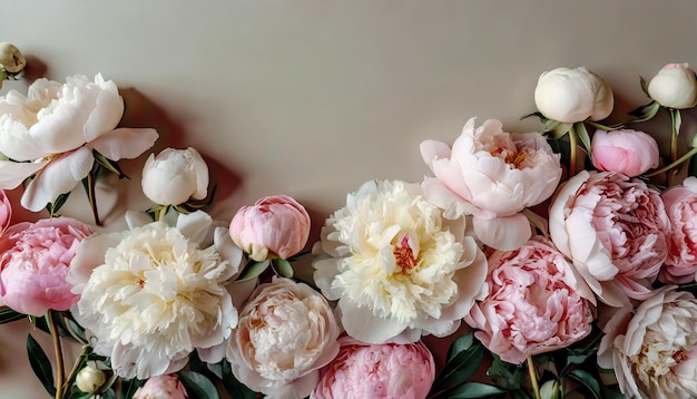 Hermosas peonías en un fondo rosa claro Flores de primavera en el suelo plano