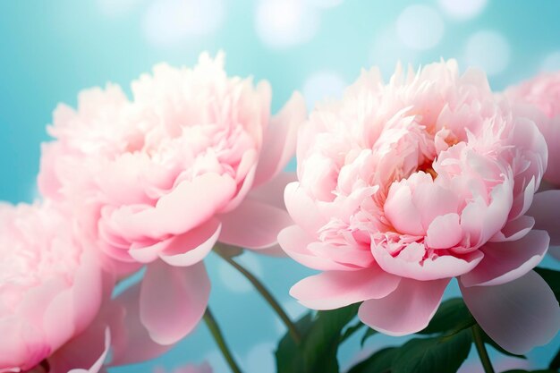 Hermosas peonías rosadas de flores grandes sobre un fondo azul turquesa claro IA generativa