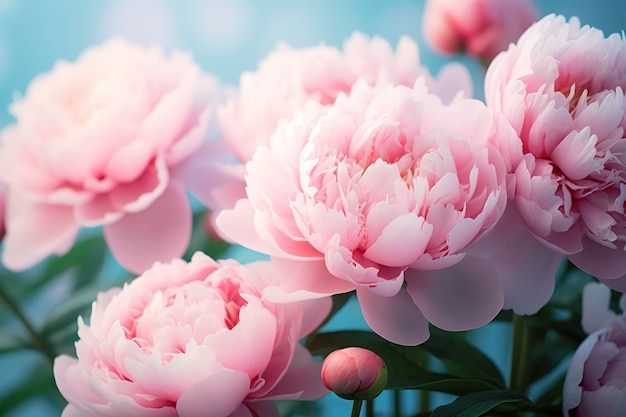 Hermosas peonías rosadas de flores grandes sobre un fondo azul turquesa claro IA generativa