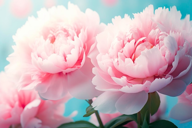 Hermosas peonías rosadas de flores grandes sobre un fondo azul turquesa claro IA generativa