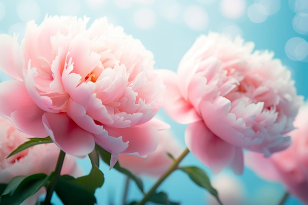 Hermosas peonías rosadas de flores grandes sobre un fondo azul turquesa claro IA generativa