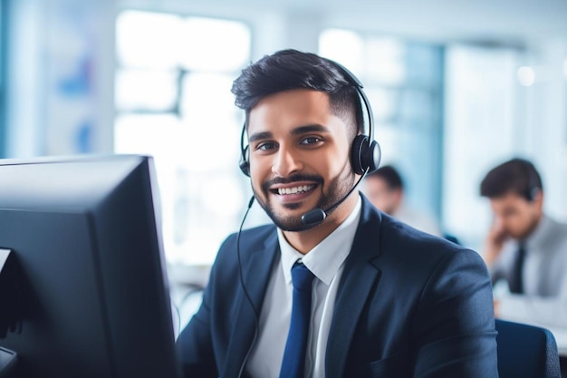 hermosas personas de negocios en auriculares están usando computadoras y sonriendo mientras trabajan en la oficina chica