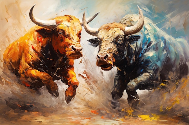 Hermosas pinturas, dos toros pelean ferozmente. Animales salvajes. Ilustración generativa de IA.