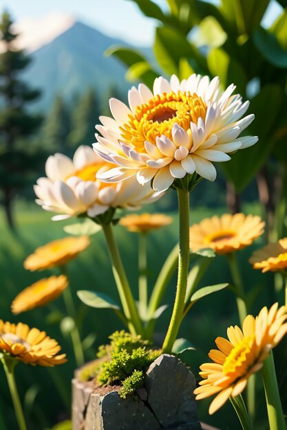 Hermosas plantas de crisantemo salvaje amarillo flores como girasoles hermoso fondo de papel tapiz