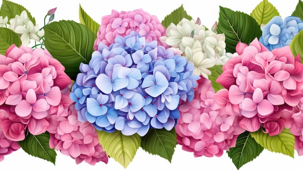 Hermosas plantas de hortensias con hojas exuberantes y flores vibrantes generadas por IA